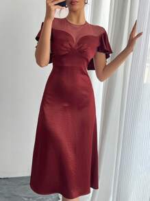 DAZY Ankle-Length Fitted Red Dress With Mesh Ruffle Trim, Suitable For Parties, Dates, And Nights Out Prom Dress Sundress Wedding Women Dresses Christmas - Burgundy - View 3