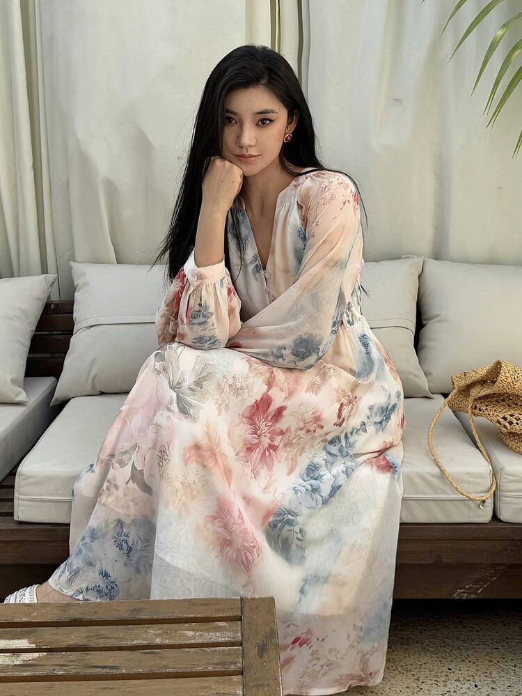 Vestido Midi de Manga Longa Estilo Ocidental Boêmio com Estampa Floral Completa na Cintura, Vestido de Férias para Mulheres, Estilo Boho para a Páscoa