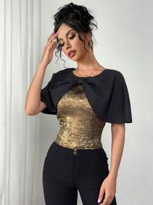 SHEIN Unity Women's 2024 New Design Elegant Cap Sleeve Casual Shirt - Black and Gold - View 4