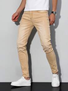 Manfinity Homme Men's Pocket Simple Slim-Fit Casual Jeans, Daily Wear - Khaki - View 1