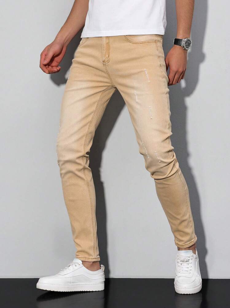 Manfinity Homme 男士口袋简约修身休闲牛仔裤，日常穿着 - 卡其色 - 查看 1
