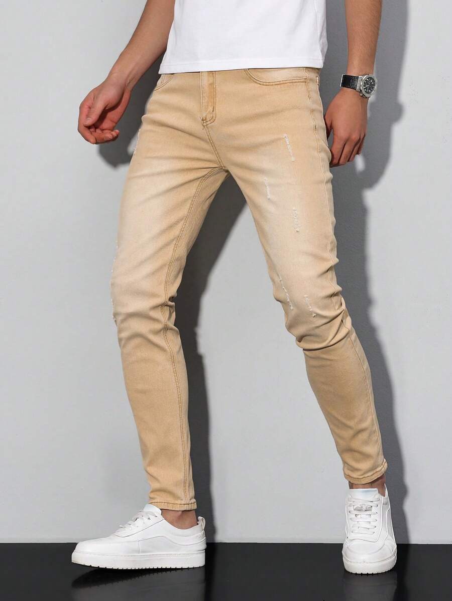 Manfinity Homme Men's Pocket Simple Slim-Fit Casual Jeans, Daily Wear - Khaki - View 1