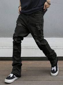 Manfinity Homme Plus Size Men's Denim Pockets Distressed Skinny Casual Pants - Black - View 8