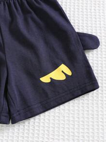 SHEIN 2 stuks/set babyjongens casual schattige cartoon pinguïn print kleurblok ronde hals verlaagde schouders losse gebreide korte mouwen top & shorts 2-delige outfitset voor lente/zomer