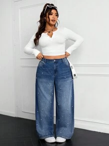 SHEIN EZwear Plus Size Casual Loose Beaded Embellished Wide-Leg Jeans