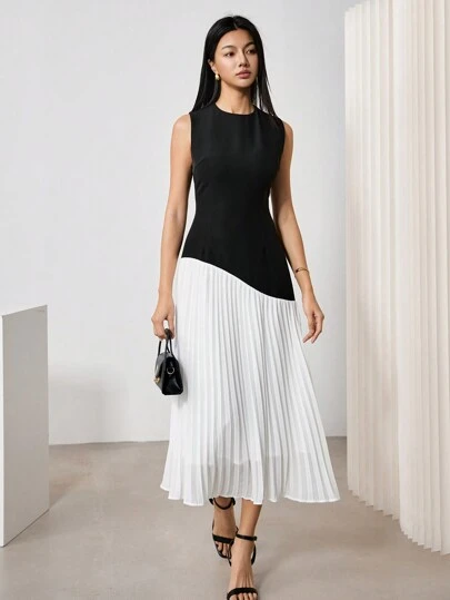 EastFlair Elegant Color-Block Pleated Hem Sleeveless Dress, Valentines Clothes,Summer Dresses For Women