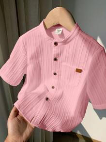 SHEIN LMoss Kids LMoss 1pc Young Boys Casual College Style Comfortable Linen Stand Collar Pocket Decor All-Match Versatile Shirt - Dusty Pink - View 7