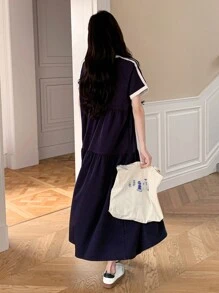 DAZY 女士宽松圆领中长连衣裙，春夏长款连衣裙 - 藏蓝色 - 查看 5