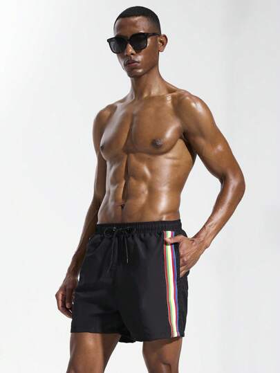 Surfspeed Men's Colorblock Striped Drawstring Waist Beach Shorts Men Swim Trunks