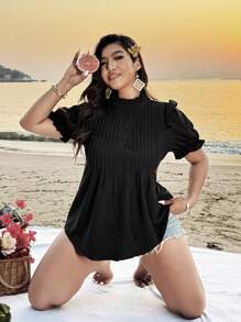 SHEIN Clasi Áo cánh xếp ly cổ đứng thanh lịch cỡ lớn tay bèo nhún - màu đen - Xem 7