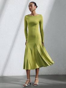 Aveloria Modichic Elegant French Style Waist Cinched Long Sleeve Crew Neck A-Line Dress, Slimming And Suitable For Resort Wear