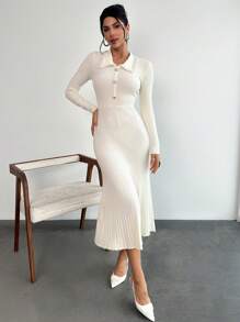 SHEIN Privé Women Plain Color Turndown Collar Fishtail Hem Long Sleeve Sweater Dress