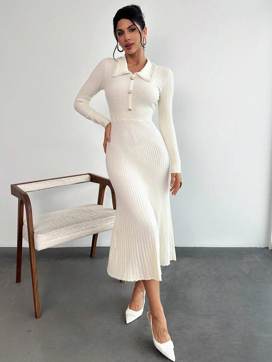 SHEIN Privé Women Plain Color Turndown Collar Fishtail Hem Long Sleeve Sweater Dress