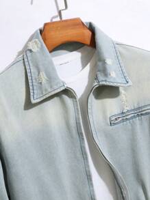 Manfinity Homme 男式长袖拉链破洞牛仔夹克 - 淺色水洗藍 - 查看 3