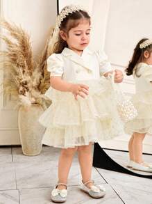 SHEIN Leap Crew 女婴分层波尔卡圆点网眼荷叶边下摆连衣裙，配有翻领、泡泡袖和双排扣纽扣 - 杏色 - 查看 7