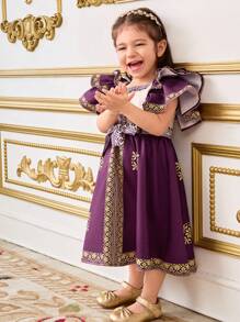 SHEIN Leap Crew Baby Girl Elegant & Graceful Ruffle Patchwork Fitted Mid-Length Dress - Purple - View 3