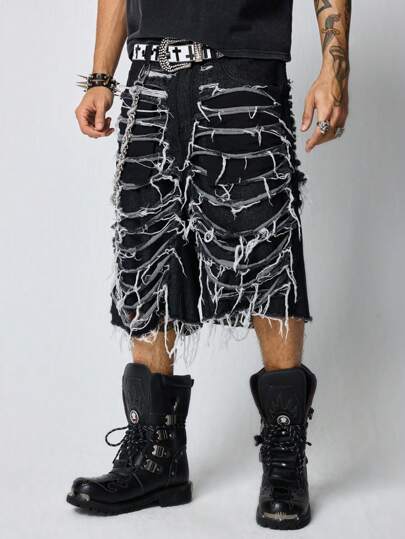 Grunge Punk Pantalones cortos vaqueros casuales y holgados para hombres con dobladillo deshilachado