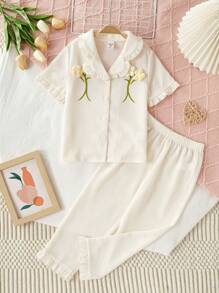SHEIN Girls Pajamas 2pcs Set - Short Sleeve Top With Ruffle Decor & Long Pants, Minimalist Fashion Style For Young Girl - Apricot - View 3
