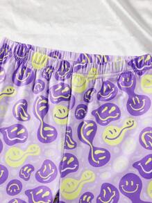 2pcs Tween Girls Casual Smile Face Pattern Short Sleeve Top And Pants Pajama Set, Comfortable - Purple - View 8