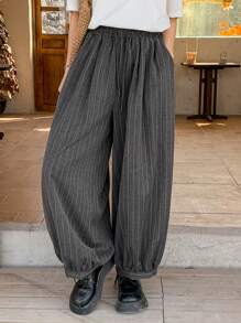 FRIFUL Women's Grey Striped Loose Cropped Pants, Spring Clothing - Grey - View 6