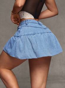 SHEIN BAE Minifalda de jean con bolsillos y bajo con volante para mujer - Azul - Ver 2