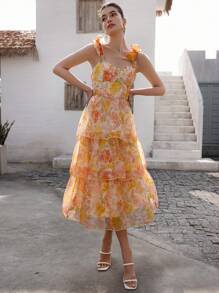 EMERY ROSE Váy voan họa tiết hoa thiết kế dây mảnh thanh lịch dành cho kỳ nghỉ và đi làm, có nơ và viền bèo nhún, phong cách thời trang bãi biển Boho mùa hè cho mùa xuân thu - Nhiều màu - Xem 4