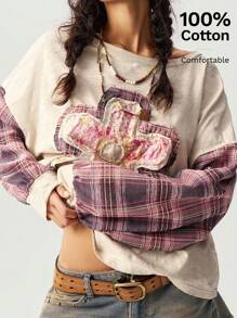 Bohemela Blusas holgadas de punto con parches, cuello redondo y manga larga caída para mujeres