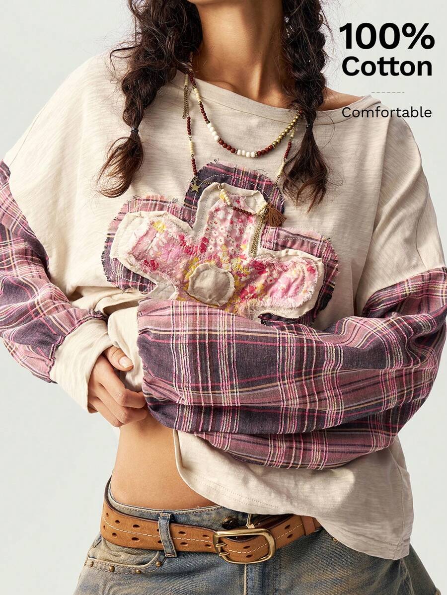 Bohemela Blusas holgadas de punto con parches, cuello redondo y manga larga caída para mujeres