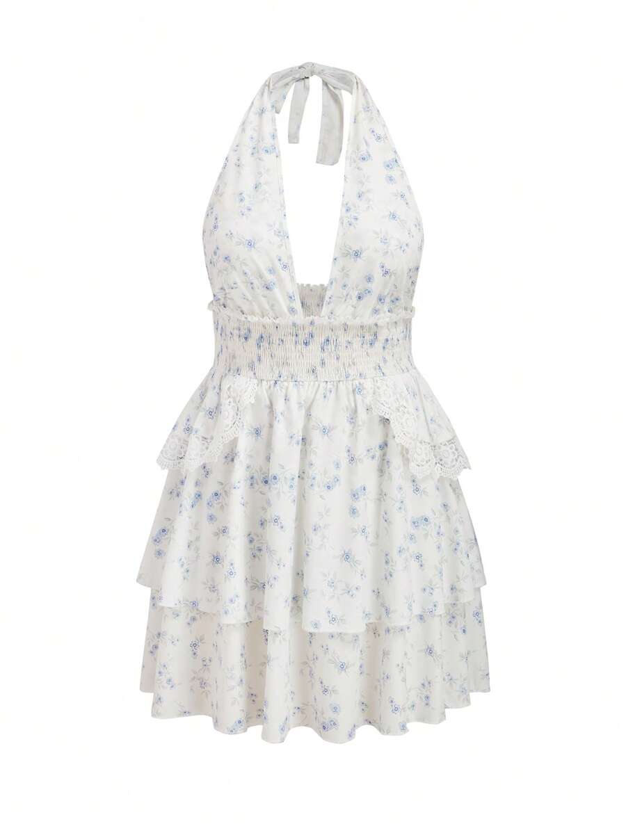 Flirla Plus Size Elegant Ditsy Floral Backless Halter Neck Dress - White - View 1