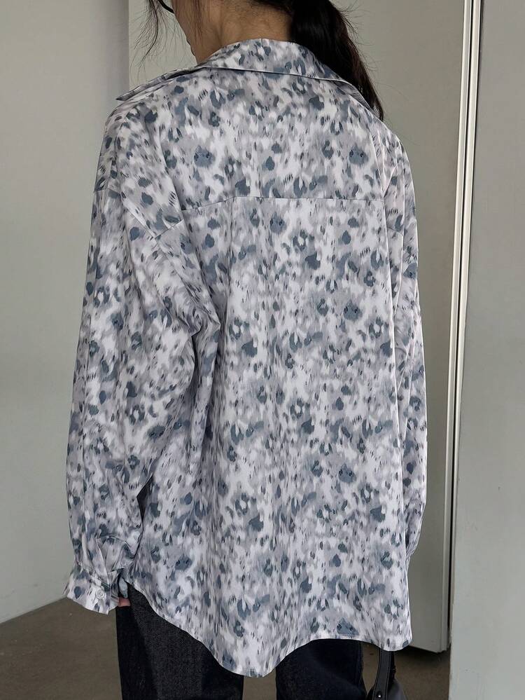 1pc Women's Full Print Tie-Dye Business Casual Long Sleeve Chiffon Blouse,Fall Women Clothes