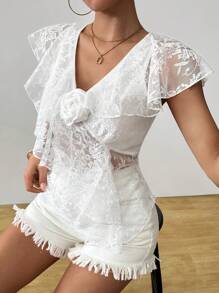 SHEIN Unity Romantic Lace Ruffle 3D Floral Decor Blouse - White - View 5