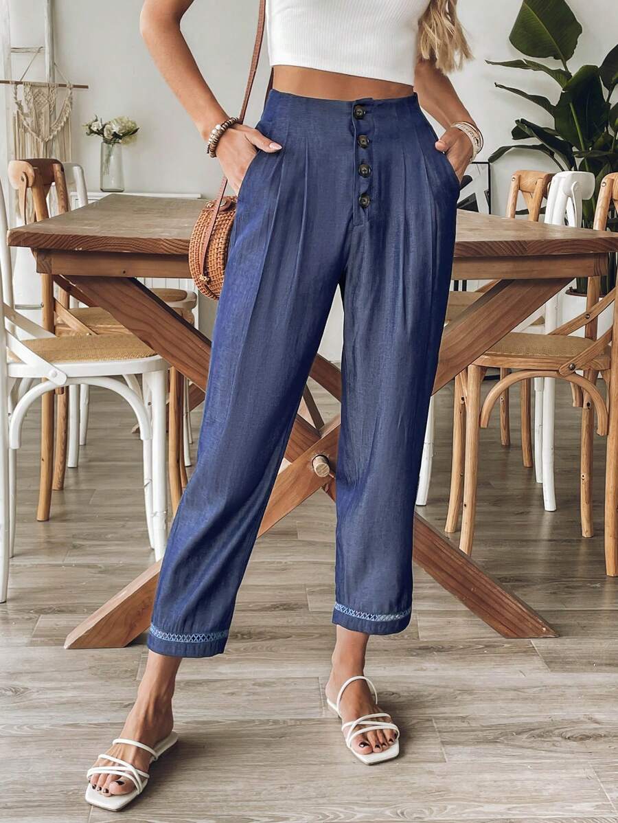 SHEIN LUNE Calças casuais femininas com bolso frontal e botões de cor sólida - Azul marinho - Ver 1