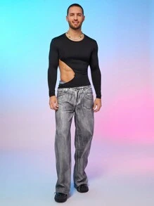 FeverCity Men's Tight Fitting Crew Neck Long Sleeve Hollow Out Waist Knit T-Shirt