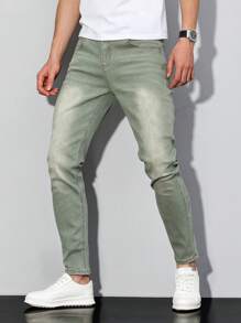 Manfinity Homme Plus Size Men's Casual Distressed Tapered Fit Jeans - Army Green - View 7