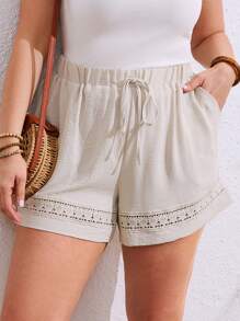 SHEIN LUNE Women's Casual Woven Solid Elastic Waist Bowknot Floral Trim Pocket Loose Plus Size Shorts, Summer - Apricot - View 5