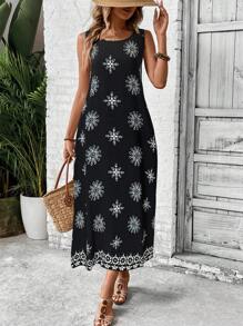 EMERY ROSE 女式复古花卉印花长款休闲连衣裙，夏季 - 黑與白 - 查看 6