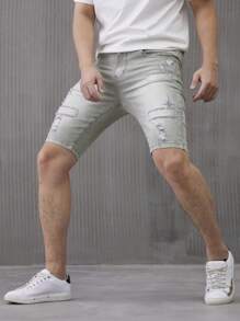 Manfinity Homme Men's Casual Plain Ripped Pocket Denim Shorts - Grey - View 5