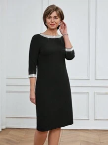 Miaspire Vestido negro de longitud media elegante con decoración de rhinestones, adecuado para trabajo/primavera/verano