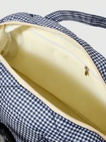 ROMWE Kawaii 1 件 Y2K 黑白格子大容量多口袋手提包单肩包，适合日常通勤、购物和返校季节（包括蝴蝶结、DIY） - 黑與白 - 查看 4