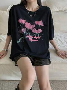 DAZY Women Floral Contrast Color Print Round Neck Short Sleeve T-Shirt Summer Cute Tops Oversized T-Shirt,Graphic Tees - Black - View 6