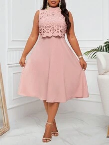 Fleurora Plus Size Laser Cut Ombre Pink Elegant A-Line Mid-Length Dress With Illusion Design - Pink - View 7