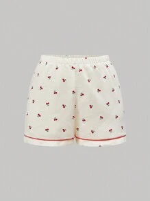 ROMWE Kawaii Plus Size Casual Country Style Loose Strap Shorts & Home Wear Set, Suitable For Summer - Beige - View 6