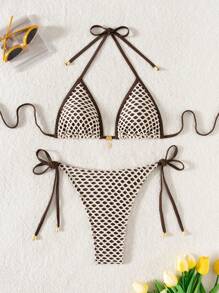 SHEIN Swim 2 Pieces Women Summer Mesh Tie-Up Crop Top And Cheeky Bottoms Sexy Beachwear Bikini Set - Multicolor - View 1