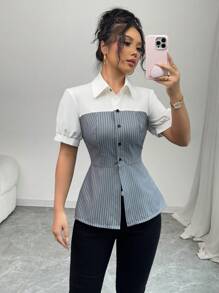 Chiquease New Stylish Simple Patchwork Stripe Women Shirt - Grey - View 4