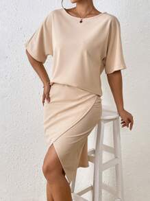 SHEIN Clasi 2pcs/Set Women Solid Color Short Sleeve Casual Top And Skirt - Apricot - View 1