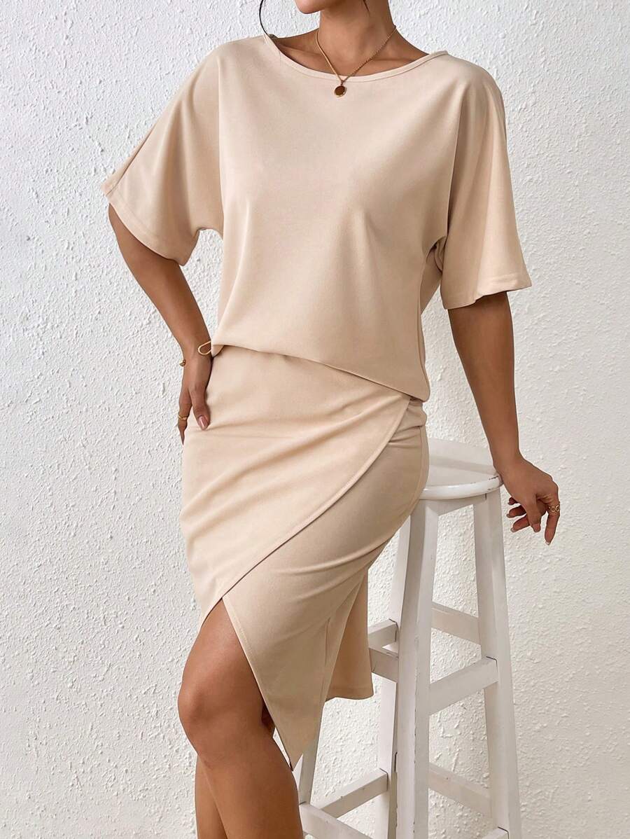 SHEIN Clasi 2pcs/Set Women Solid Color Short Sleeve Casual Top And Skirt - Apricot - View 1