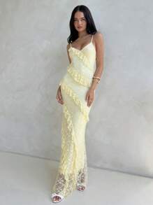 Aloruh Women's Solid Color Romantic Date Dress V-Neck Spaghetti Strap Yellow Lace Layered Ruffle Mermaid Hem Bodycon Dress, Suitable For Spring And Summer Vacation,Summer Dresses
Spring Clothes - Yellow - View 3