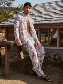 Manfinity ChillVibe Men's Floral Print Long Sleeve Top And Pants Pajama Set - Red and White - View 4