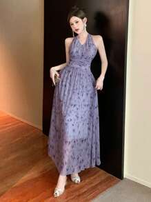 DAZY Damen Batik-Muster plissiertes Neckholder Midi-Kleid für den Sommer, Kleid für Hochzeit mit Blumenmuster - Verschiedenfarbig - Übersicht 7