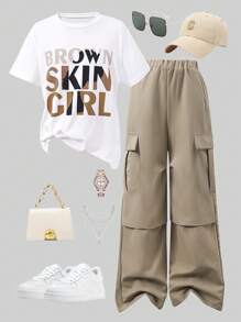 SHEIN 2pcs/Set Tween Girls Letter Print Short Sleeve T-Shirt And Cargo Pants, Casual Street Style, Spring/Summer,Holiday,Summer,Travel